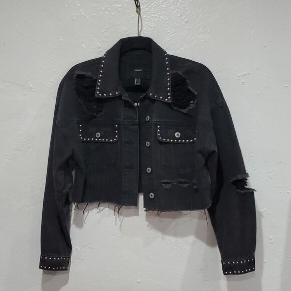 Cropped Distressed & Studded Black Jean Jacket Size XS Oversized - Picture 2 of 16